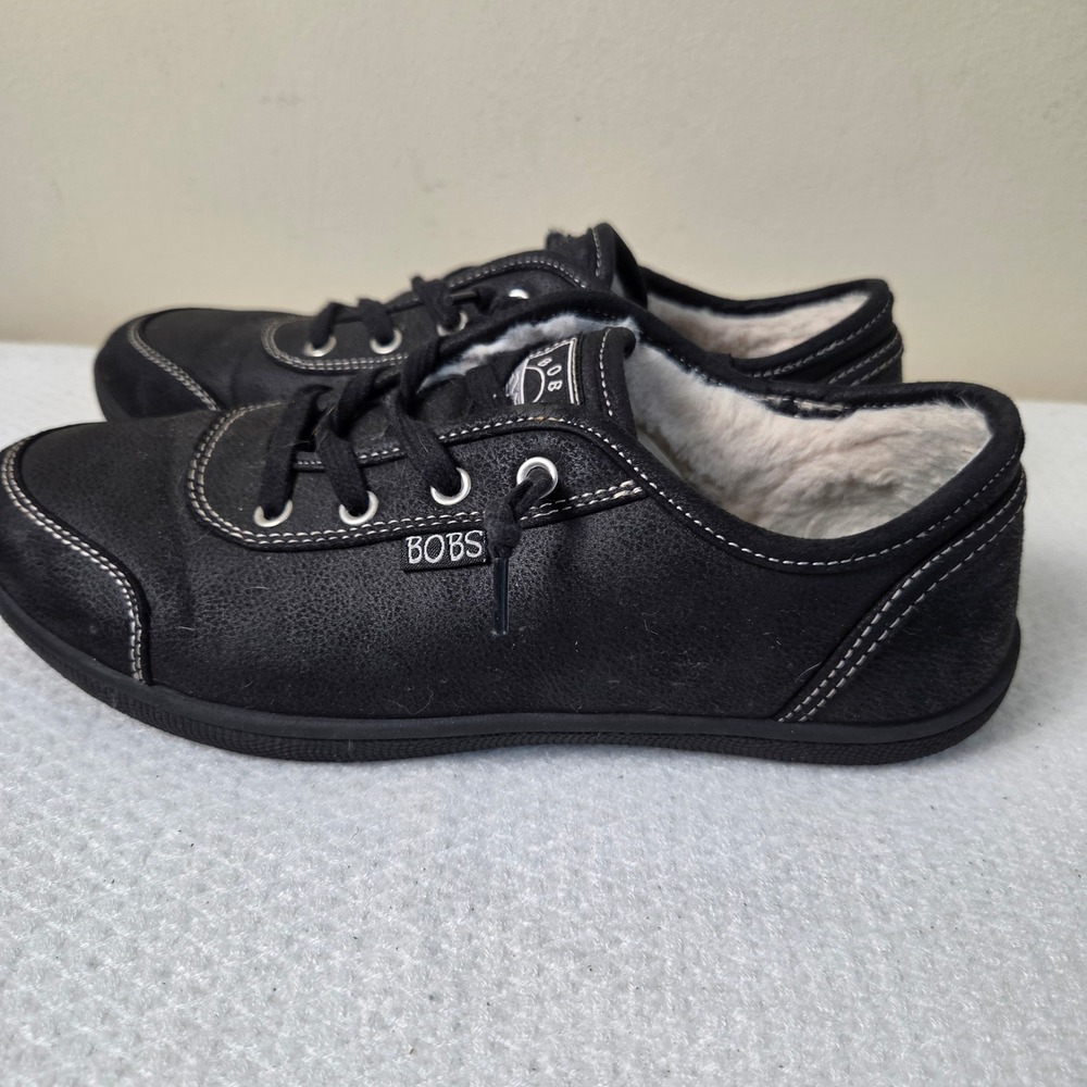 BOBS from Skechers B Cute Clean Life Black Faux Fur Lined Sneakers 7.5 113836